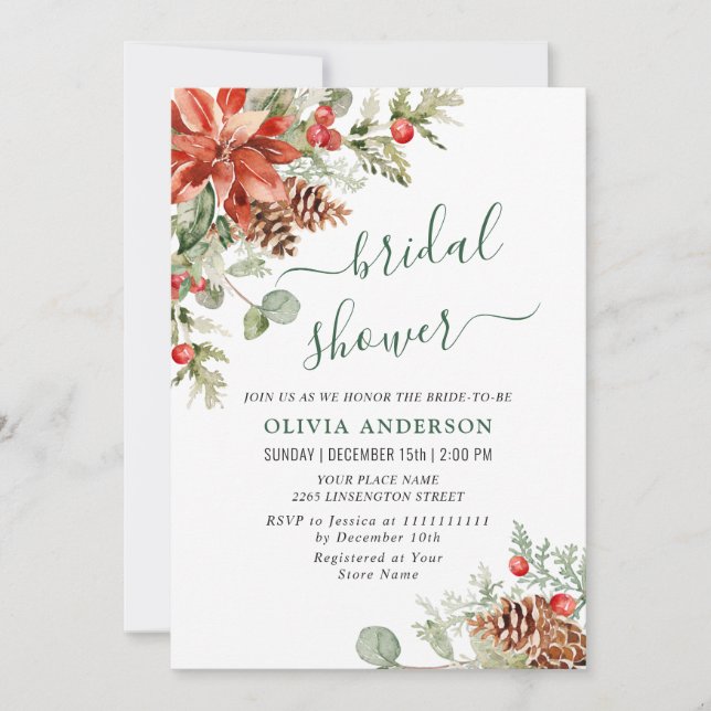 Elegant Red Poinsettia Watercolor BRIDAL SHOWER Invitation (Front)
