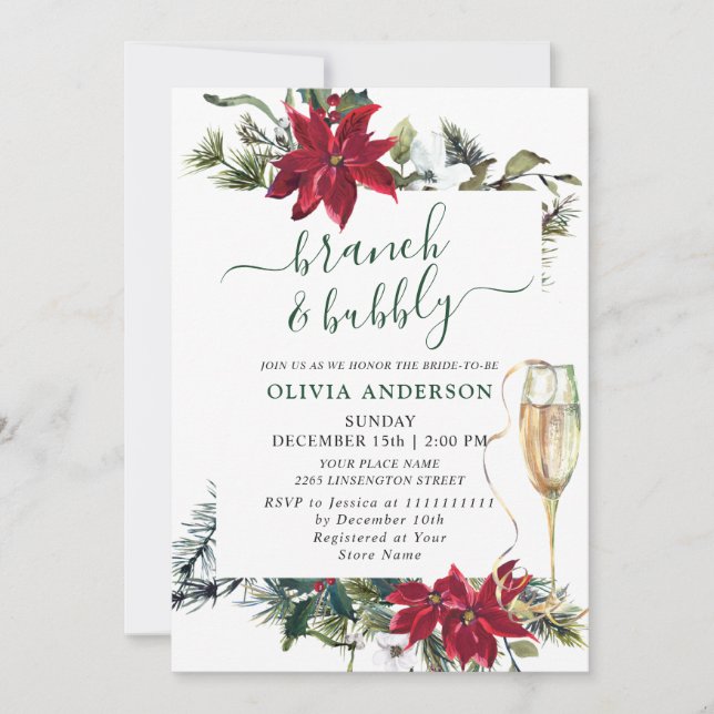 Elegant Red Poinsettia Watercolor Brunch & Bubbly Invitation (Front)