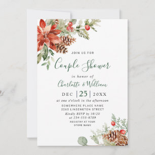 Elegant Red Poinsettia Watercolor COUPLE SHOWER Invitation