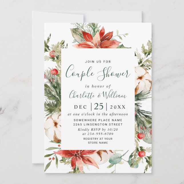Elegant Red Poinsettia Watercolor COUPLE SHOWER Invitation (Front)