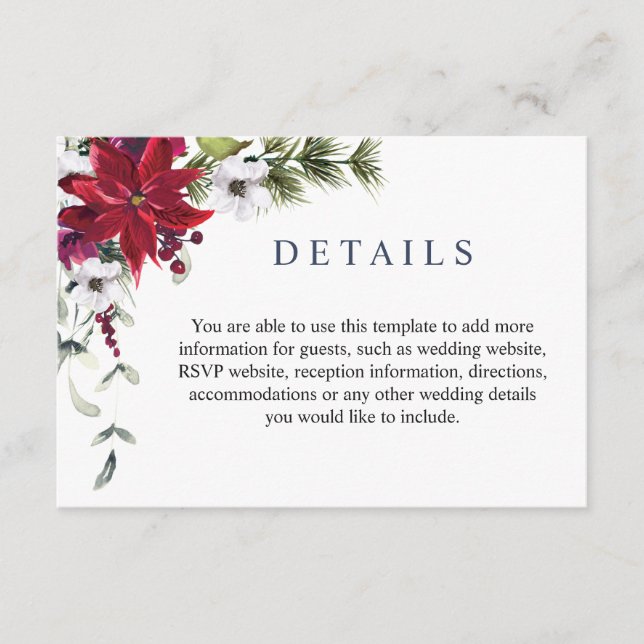 Elegant Red Poinsettia Watercolor Details  Enclosure Card (Front)