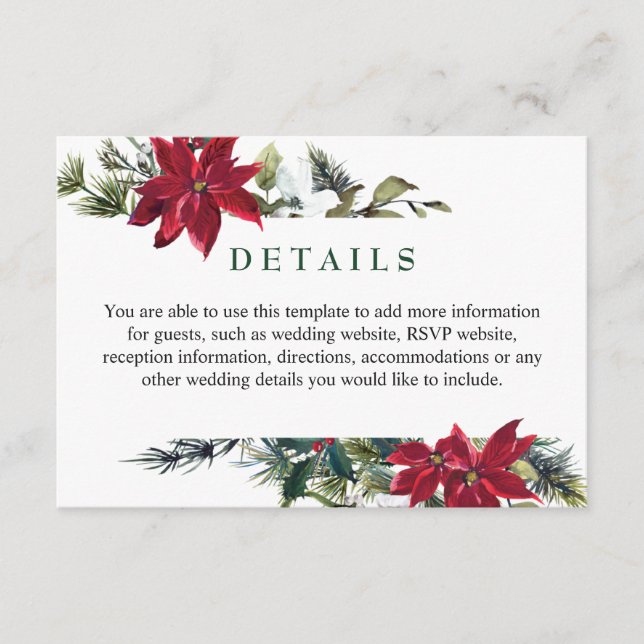 Elegant Red Poinsettia Watercolor Details Enclosure Card (Front)