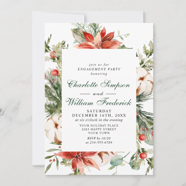 Elegant Red Poinsettia Watercolor ENGAGEMENT PARTY Invitation (Front)