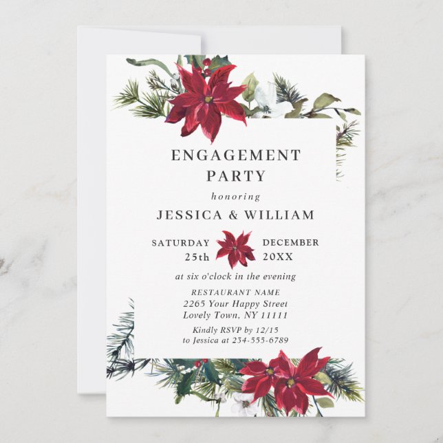 Elegant Red Poinsettia Watercolor ENGAGEMENT PARTY Invitation (Front)