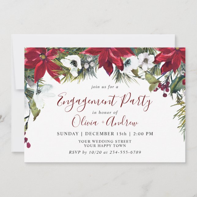 Elegant Red Poinsettia Watercolor ENGAGEMENT PARTY Invitation (Front)