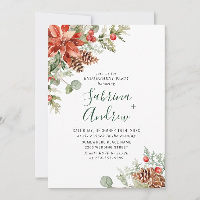 Elegant Red Poinsettia Watercolor ENGAGEMENT PARTY Invitation (Front)