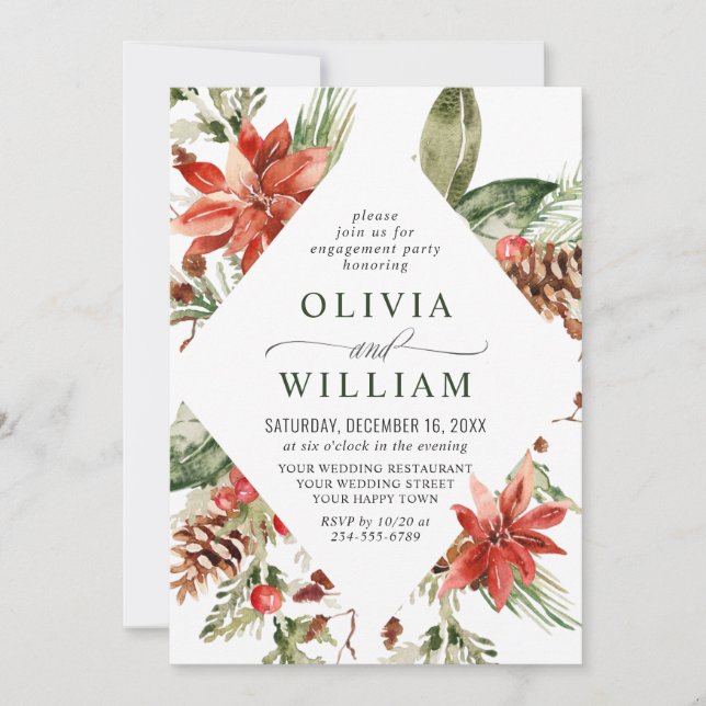 Elegant Red Poinsettia Watercolor ENGAGEMENT PARTY Invitation (Front)