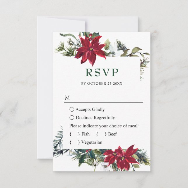 Elegant Red Poinsettia Watercolor Pine Fir Wedding RSVP Card (Front)