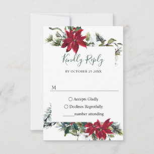 Elegant Red Poinsettia Watercolor Pine Fir Wedding RSVP Card
