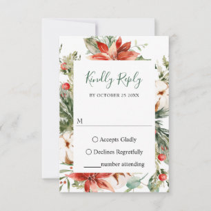 Elegant Red Poinsettia Watercolor Pine Fir Wedding RSVP Card