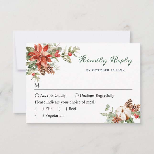Elegant Red Poinsettia Watercolor Pine Fur Wedding RSVP Card (Front)