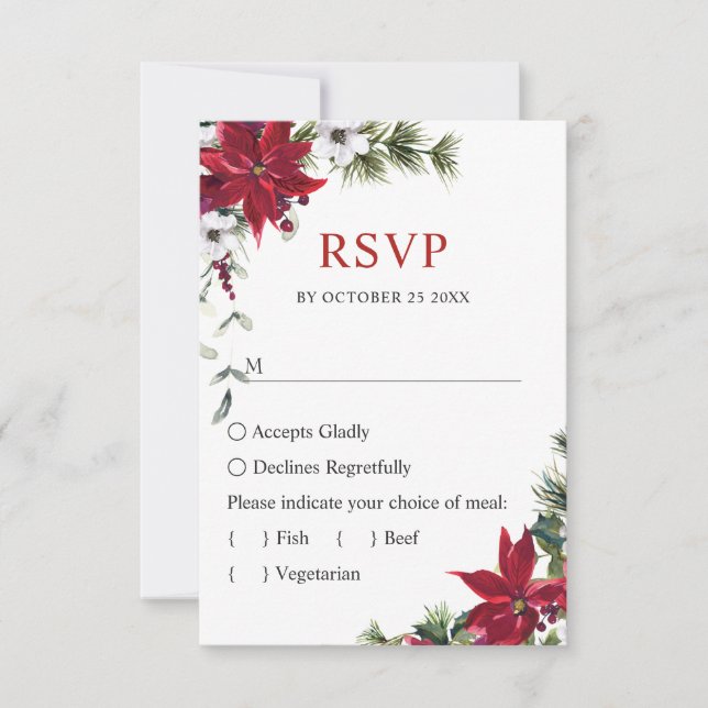 Elegant Red Poinsettia Watercolor Pine Fur Wedding RSVP Card (Front)
