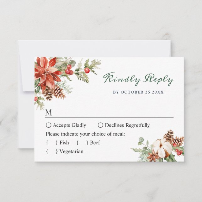 Elegant Red Poinsettia Watercolor Pine Fur Wedding RSVP Card (Front)