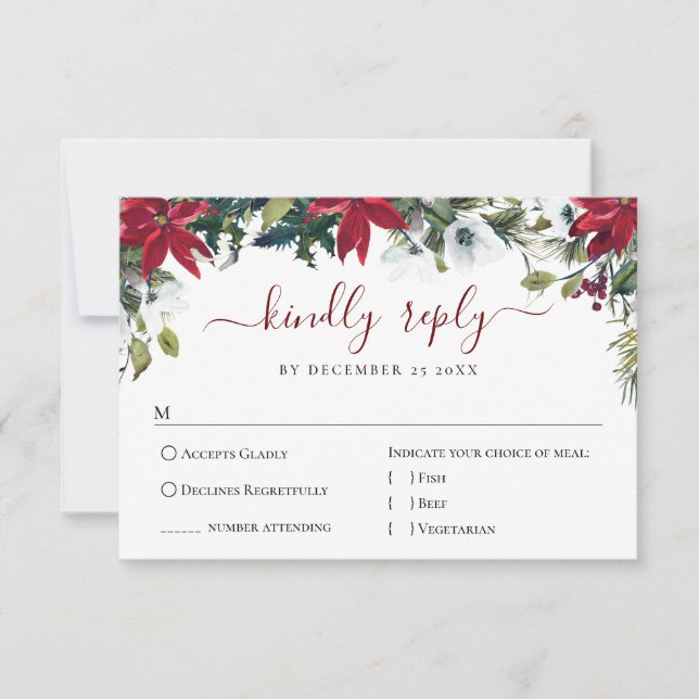 Elegant Red Poinsettia Watercolor Pine Fur Wedding RSVP Card (Front)