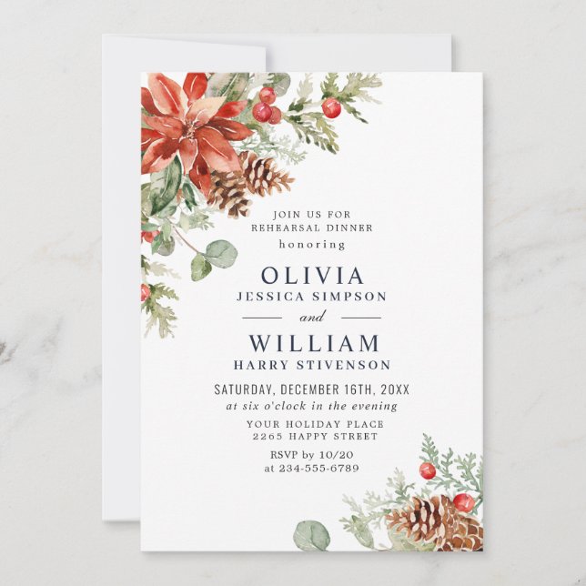 Elegant Red Poinsettia Watercolor REHEARSAL DINNER Invitation (Front)