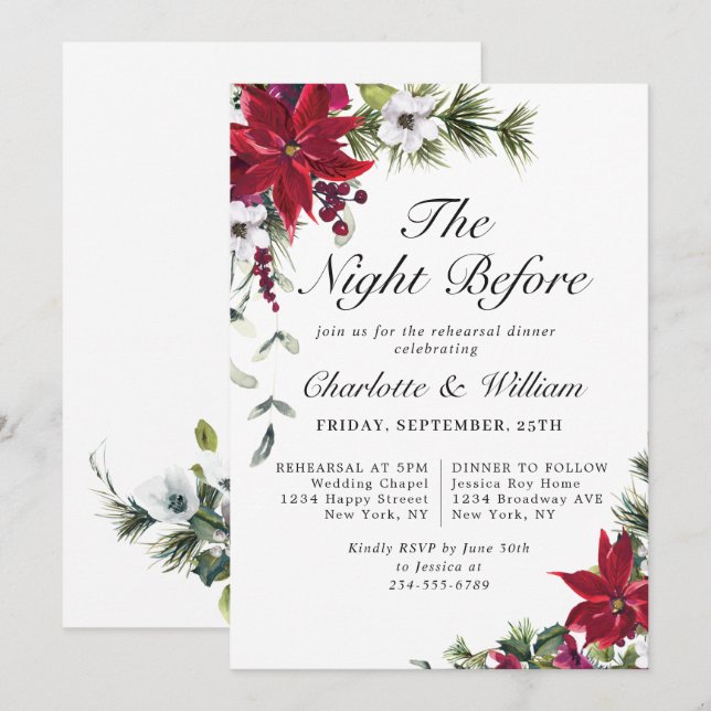 Elegant Red Poinsettia Watercolor REHEARSAL DINNER Invitation (Front/Back)