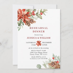 Elegant Red Poinsettia Watercolor REHEARSAL DINNER Invitation