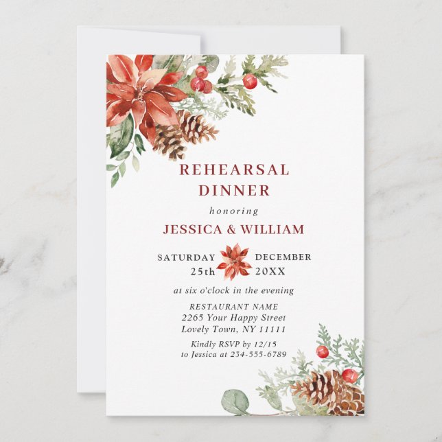 Elegant Red Poinsettia Watercolor REHEARSAL DINNER Invitation (Front)