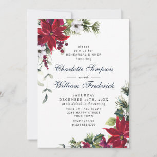 Elegant Red Poinsettia Watercolor REHEARSAL DINNER Invitation