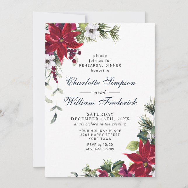 Elegant Red Poinsettia Watercolor REHEARSAL DINNER Invitation (Front)
