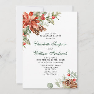 Elegant Red Poinsettia Watercolor REHEARSAL DINNER Invitation