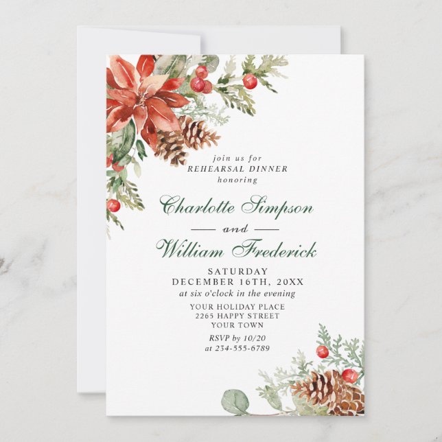 Elegant Red Poinsettia Watercolor REHEARSAL DINNER Invitation (Front)
