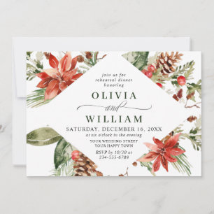 Elegant Red Poinsettia Watercolor REHEARSAL DINNER Invitation
