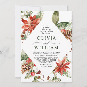 Elegant Red Poinsettia Watercolor REHEARSAL DINNER Invitation