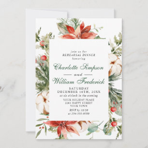 Elegant Red Poinsettia Watercolor REHEARSAL DINNER Invitation