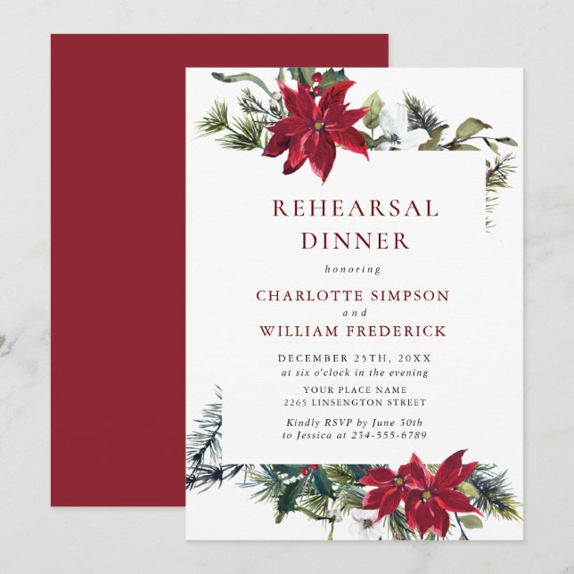 Elegant Red Poinsettia Watercolor REHEARSAL DINNER Invitation (Front/Back)