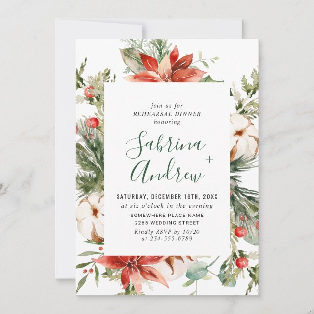 Elegant Red Poinsettia Watercolor REHEARSAL DINNER Invitation (Front)