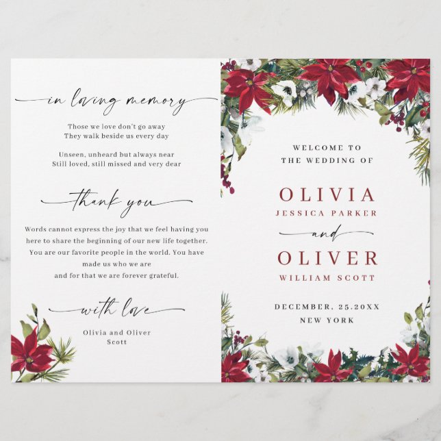 Elegant Red Poinsettia Wedding Ceremony Program (Front)