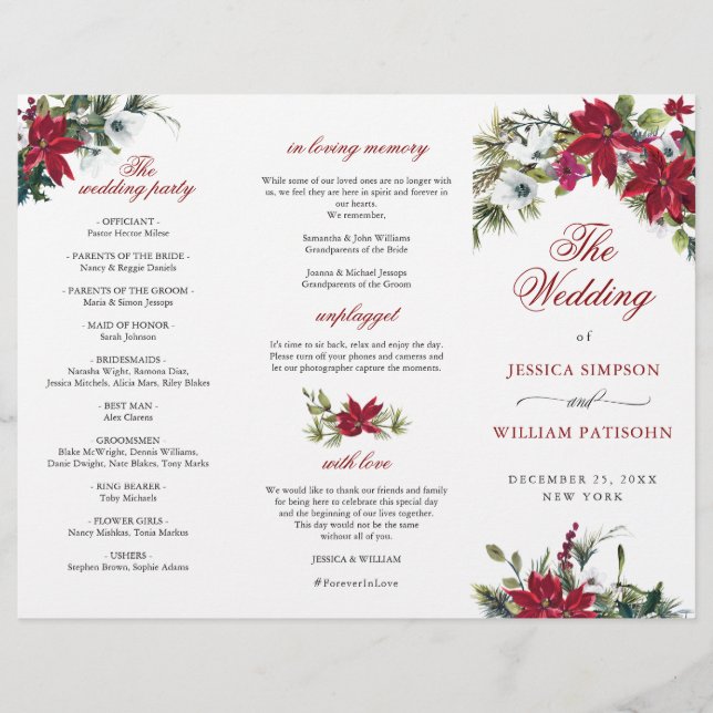 Elegant Red Poinsettia Wedding Ceremony Program (Front)