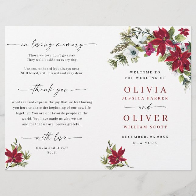 Elegant Red Poinsettia Wedding Ceremony Program (Front)