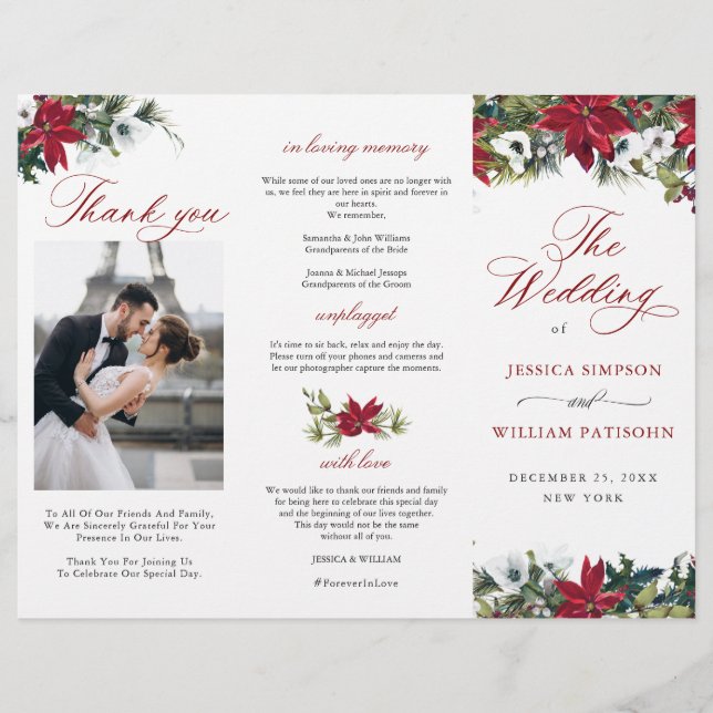 Elegant Red Poinsettia Wedding Ceremony Program (Front)