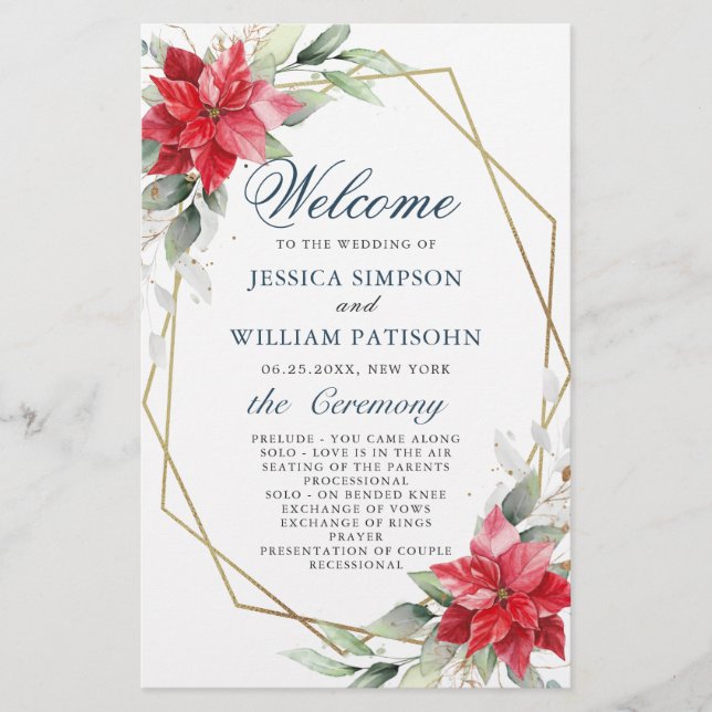 Elegant Red Poinsettia Wedding Ceremony Program (Front)