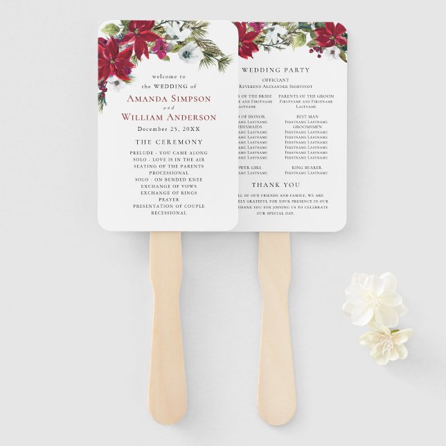 Elegant Red Poinsettia Wedding Ceremony Program Hand Fan (Front and Back)