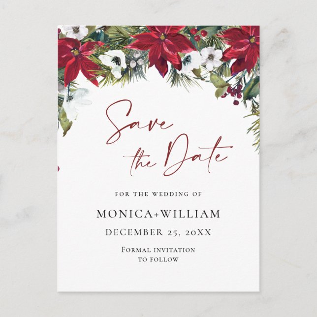 Elegant Red Poinsettia Wedding Save the Date Postcard (Front)