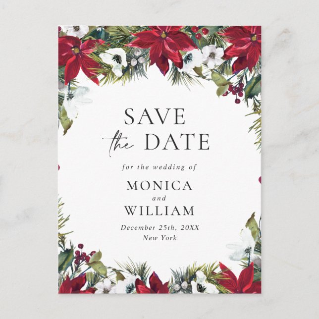 Elegant Red Poinsettia Wedding Save the Date Postcard (Front)