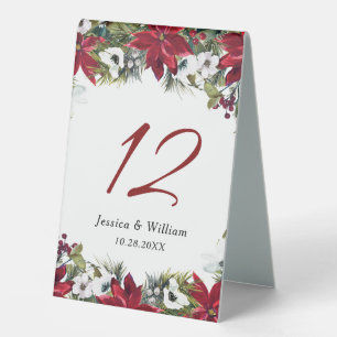 Elegant Red Poinsettia Wedding Table Tent Sign