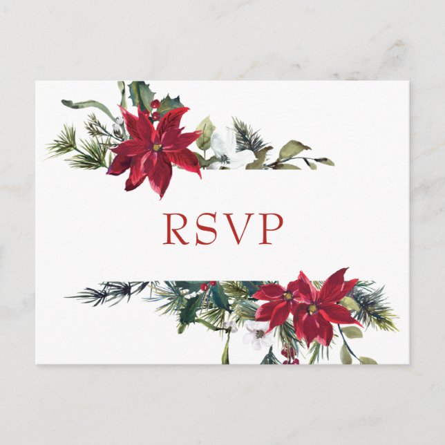 Elegant Red Poinsettia Wedding Watercolor RSVP Postcard (Front)