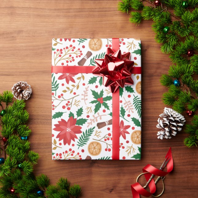 Elegant Red Poinsettia Winter Berry Christmas Wrapping Paper (Holiday Gift)