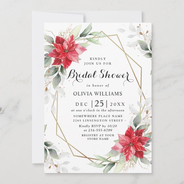 Elegant Red Poinsettia Winter Floral Bridal Shower Invitation (Front)
