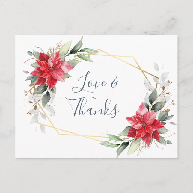 Elegant Red Poinsettia Winter Greenery Thank You Postcard (Front)