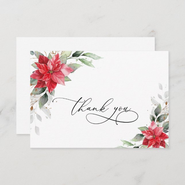 Elegant Red Poinsettia Winter Greenery Watercolor Thank You Card (Front/Back)