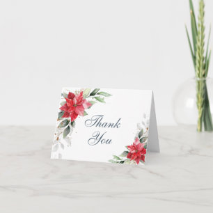 Elegant Red Poinsettia Winter Greenery Watercolor Thank You Card