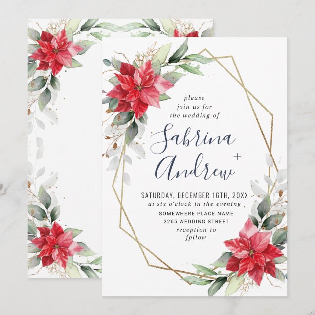Elegant Red Poinsettia Winter Greenery Wedding Inv Invitation (Front/Back)