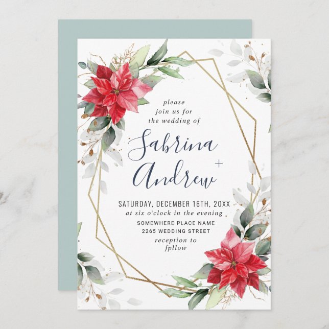 Elegant Red Poinsettia Winter Greenery Wedding Invitation (Front/Back)