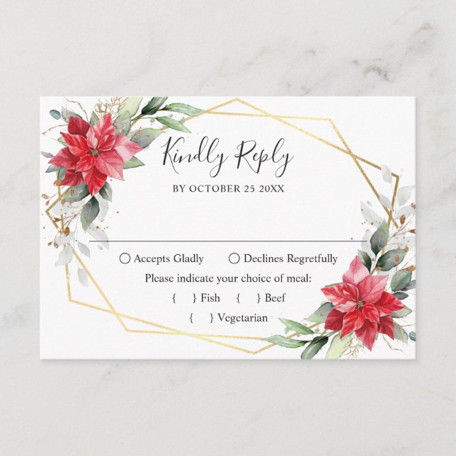 Elegant Red Poinsettia Winter Greenery Wedding RSVP Card (Front)