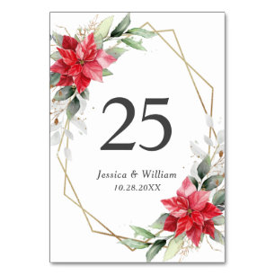 Elegant Red Poinsettia Winter Greenery Wedding Table Number